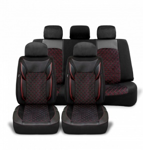 Set huse scaune auto universale, piele ecologica neagra cu material textil negru, fata-spate - Img 2