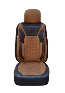 Set huse scaune auto universale, piele ecologica neagra cu material textil maro, fata-spate - Img 2