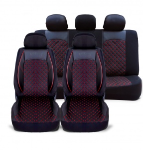 Set huse scaune auto universale, piele ecologica neagra cu material textil negru si cusaturi rosii, fata-spate - Img 4