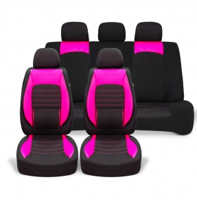 Set huse scaune auto universale, piele ecologica roz cu material textil negru, fata-spate