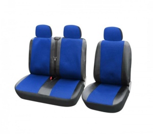 Set huse scaune autoutilitara 2+1 pentru fata culoare negru cu albastru, piele ecologica cu textil
