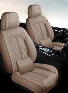 Huse auto premium 5 locuri Deluxe piele ecologică perforată - maro deschis - crem - Img 2