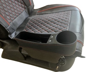Organizator auto cu suport de pahar si 2 USB, negru cu cusatura rosie, Lichidare de stoc! - Img 3