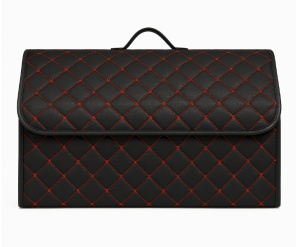 Organizator de portbagaj din piele ecologica, cutie de depositare pliabila cu cusatura rosie, dimensiuni 66x30x30 cm