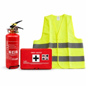 Pachet Trusa sanitara auto - Certificate R.A.R. valabilitate 5 ani, conforma cu standardul European DIN13164:2022, Stingator auto P1 reincarcabil cu manometru 1 KG, vesta reflectorizanta