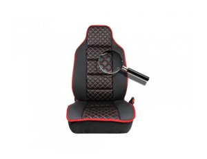 Set 2 Huse auto Scaune Fata 1+1 Universal, Material textil negru cu imitatie de piele neagra cu cusaturi rosii - Img 7