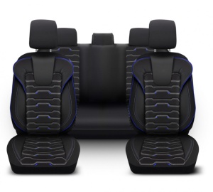 Set huse pentru scaune auto SPORTLINE Design, fata-spate, piele ecologica cu textil, negru cu albastru - Img 1