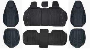 Set huse scaune auto universale, material textil negru cu dunga alba, cu tetiera integrata, fata-spate - Img 4