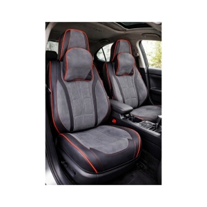 Set huse scaune auto universale, piele ecologica culoare neagra material textil gri si cusatura rosie, fata-spate - Img 2