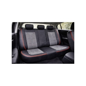 Set huse scaune auto universale, piele ecologica culoare neagra material textil gri si cusatura rosie, fata-spate - Img 5