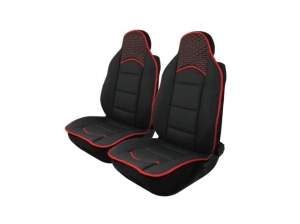 2 darabos első üléshuzat-készlet, textil ekológikus bőrrel, fekete, piros varrással