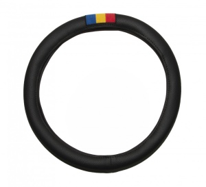 Husa volan imitatie piele perforata neagra cu steag ROMANIA diam. 45 - 46 cm - Img 1