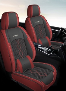 Huse auto premium 5 locuri Deluxe piele ecologică perforată și textil - roșu închis - negru - Img 2