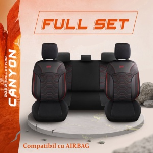 Set huse scaune auto CANYON, universale, fata-spate, piele ecologica cu textil, negru si cusatura gri - Img 4