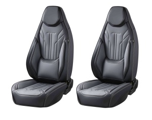 Set huse scaune auto universale de lux din piele ecologica, Negru cu gri pentru scaunele fata si spate, cu tetiera integrata