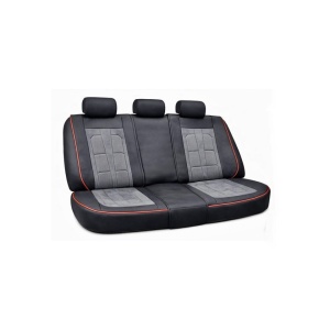 Set huse scaune auto universale, piele ecologica culoare neagra material textil gri si cusatura rosie, fata-spate - Img 3