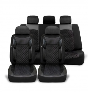 Set huse scaune auto universale, piele ecologica neagra cu material textil negru, fata-spate
