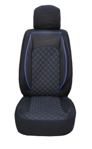 Set huse scaune auto universale, piele ecologica neagra cu material textil negru si cusaturi albastre, fata-spate - Img 3