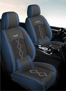 Huse auto premium 5 locuri Deluxe piele ecologică perforată și textil - negru - albastru închis - Img 2