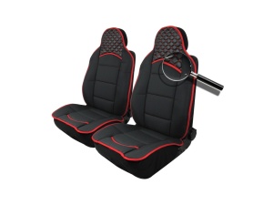 Set 2 huse scaune auto pentru fata, piele ecologica cu textil, negru cu cusatura rosie - Img 3