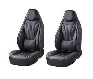 Set huse scaune auto universale de lux din piele ecologica, Negru, pentru scaunele fata-spate cu tetiera integrata