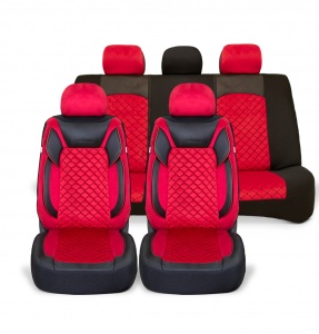 Set huse scaune auto universale, piele ecologica neagra cu material textil rosu, fata-spate
