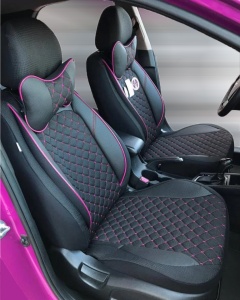 Set huse scaune auto universale, piele ecologica neagra cu material textil negru si cusaturi roz, fata-spate - Img 2