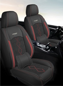 Huse auto premium 5 locuri Deluxe piele ecologică perforată și textil - negru - rosu închis - Img 2