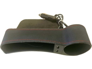 Organizator auto cu suport de pahar si 2 USB, negru cu cusatura rosie, Lichidare de stoc!