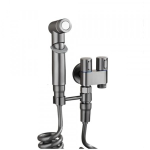 Set de dus cu pulverizator de apa pentru toaleta, economizor de spatiu, cu control dual, evacuare cu unul in doua, supapa unghiulara, crom