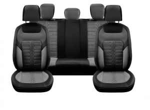 Set huse piele ecologica cu textil pentru scaune, negru cu gri, universale, fata-spate, Milano Design