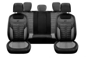 Set huse piele ecologica cu textil pentru scaune, negru cu gri, universale, fata-spate, Milano Design - Img 2