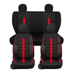 Set huse scaune auto, universale, fata-spate, negru cu dunga rosie, textil si piele ecologica - Img 3