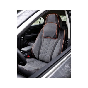 Set huse scaune auto universale, piele ecologica culoare neagra material textil gri si cusatura rosie, fata-spate - Img 6