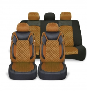 Set huse scaune auto universale, piele ecologica neagra cu material textil maro, fata-spate