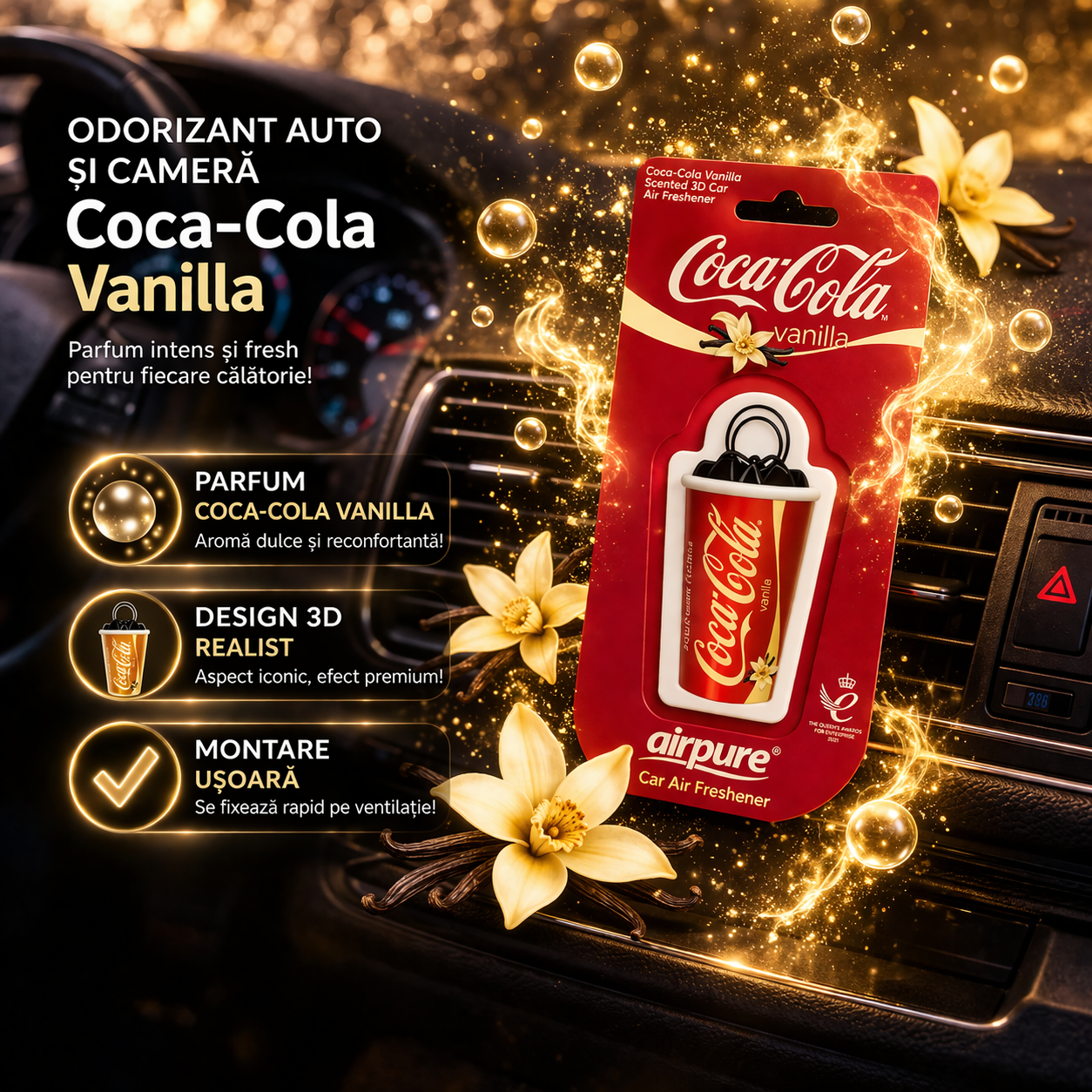 Odorizant Auto 3D Coca Cola Vanilie, Tip Pahar, Oglinda Retrovizoare, Parfum Intens și Persistent, Design Realist, Vegan Friendly