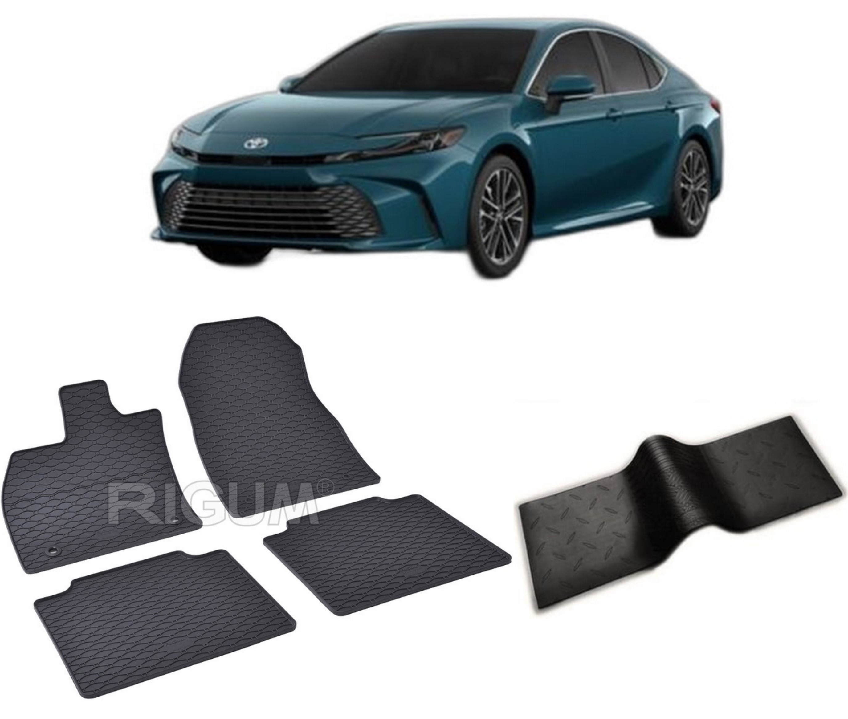 Set covorase auto TOYOTA CAMRY XV80 HYBRID din 2024-PREZENT, cu covoras tunel median, CAROSERIE SEDAN, Presuri cauciuc 100%, compatibil cu autoturismul TOYOTA CAMRY XV80 HYBRID, Rigum