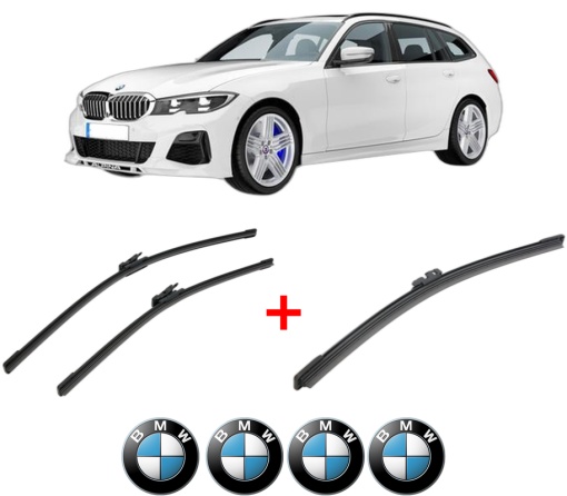 Set 3 stergatoare BMW Seria 3 Touring (G21, G81) din 2019 - 2024, pentru parbriz si luneta fata si spate auto, Bosch Aerotwin, din cauciuc siliconat rezistent, 4 Stickere Auto BMW