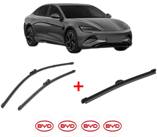 Set 3 stergatoare BYD SEAL U din 2024, pentru parbriz si luneta fata si spate auto, Valeo Silencio, din cauciuc siliconat rezistent, 4 Stickere Auto BYD