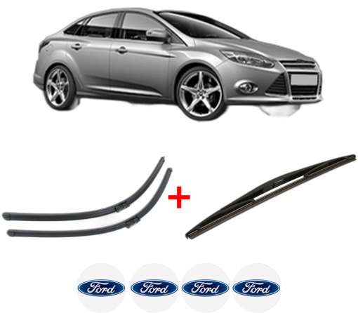 Set 3 stergatoare FORD FOCUS III Saloon din 2010 - 2020, pentru parbriz si luneta fata si spate auto, Bosch Twin, din cauciuc siliconat rezistent, 4 Stickere Auto FORD