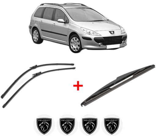 Set 3 stergatoare PEUGEOT 307 Break (3E) din 2002 - 2009, pentru parbriz si luneta fata si spate auto, Valeo Silencio, din cauciuc siliconat rezistent, 4 Stickere Auto PEUGEOT