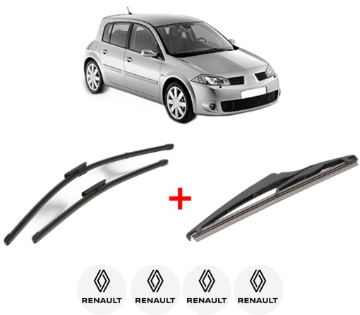 Set 3 stergatoare RENAULT MEGANE II (BM0/1_, CM0/1_) din 2002 - 2009, pentru parbriz si luneta fata si spate auto, Valeo Silencio, din cauciuc siliconat rezistent, 4 Stickere Auto RENAULT