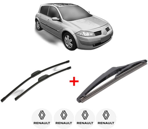 Set 3 stergatoare RENAULT MEGANE II Hatchback Van (KM0/2_) din 2003 - 2009, pentru parbriz si luneta fata si spate auto, Bosch Twin, din cauciuc siliconat rezistent, 4 Stickere Auto RENAULT
