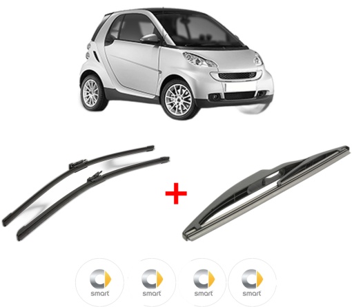 Set 3 stergatoare SMART FORTWO Coupe (451) din 2007 - 2012, pentru parbriz si luneta fata si spate auto, Bosch Twin, din cauciuc siliconat rezistent, 4 Stickere Auto SMART