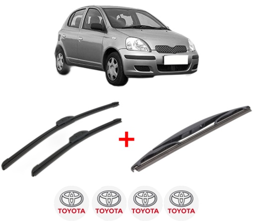 Set 3 stergatoare TOYOTA YARIS (_P1_) din 1999 - 2005, pentru parbriz si luneta fata si spate auto, Bosch Twin, din cauciuc siliconat rezistent, 4 Stickere Auto TOYOTA