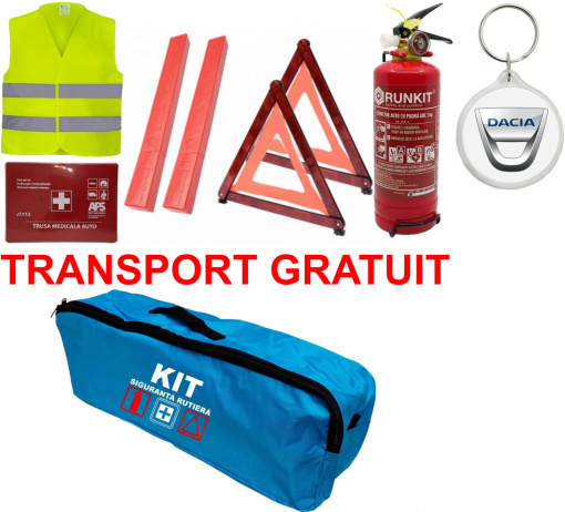 Set Kit siguranta auto omologat R.A.R, Stingator cu manometru 1kg P1 , Trusa Medicala, 2 Triunghiuri Reflectorizante, geanta color - albastra + Breloc Cadou DACIA- kit compatibil cu orice autoturism