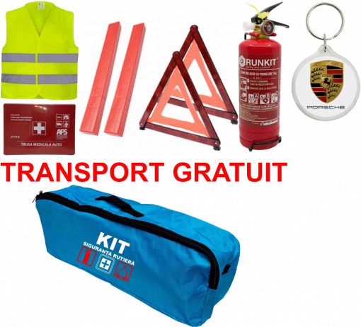 Set Kit siguranta auto omologat R.A.R, Stingator cu manometru 1kg P1 , Trusa Medicala, 2 Triunghiuri Reflectorizante, geanta color - albastra + Breloc Cadou PORSCHE- kit compatibil cu orice autoturism