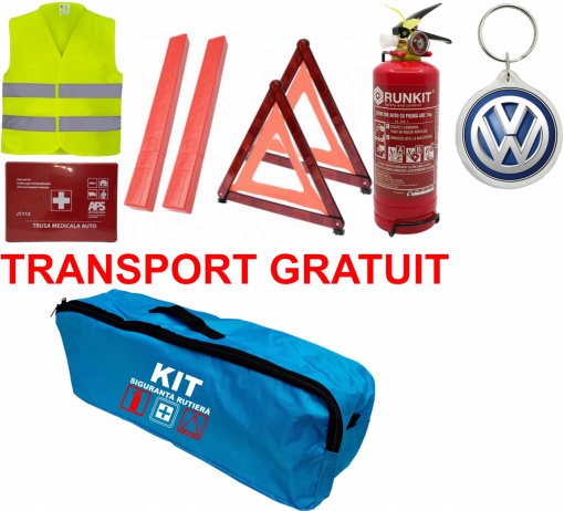 Set Kit siguranta auto omologat R.A.R, Stingator cu manometru 1kg P1 , Trusa Medicala, 2 Triunghiuri Reflectorizante, geanta color - albastra + Breloc Cadou VOLKSWAGEN- kit compatibil cu orice autoturism