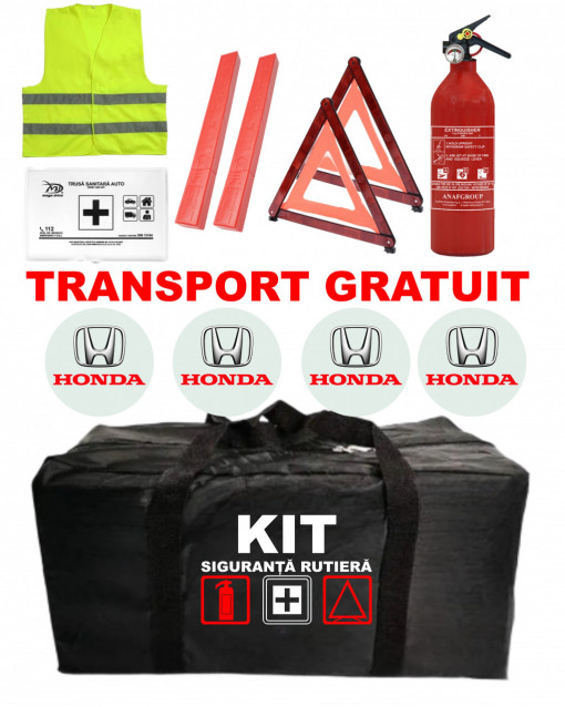 Set Kit - Trusa siguranta auto omologat R.A.R, Stingator cu manometru 1kg P1 , Trusa Medicala, 2 Triunghiuri Reflectorizante , 4 stickere autoadezive HONDA