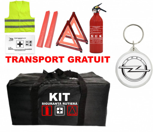 Set Kit - Trusa siguranta auto omologat R.A.R, Stingator cu manometru 1kg P1 , Trusa Medicala, 2 Triunghiuri Reflectorizante , 1 Breloc OPEL